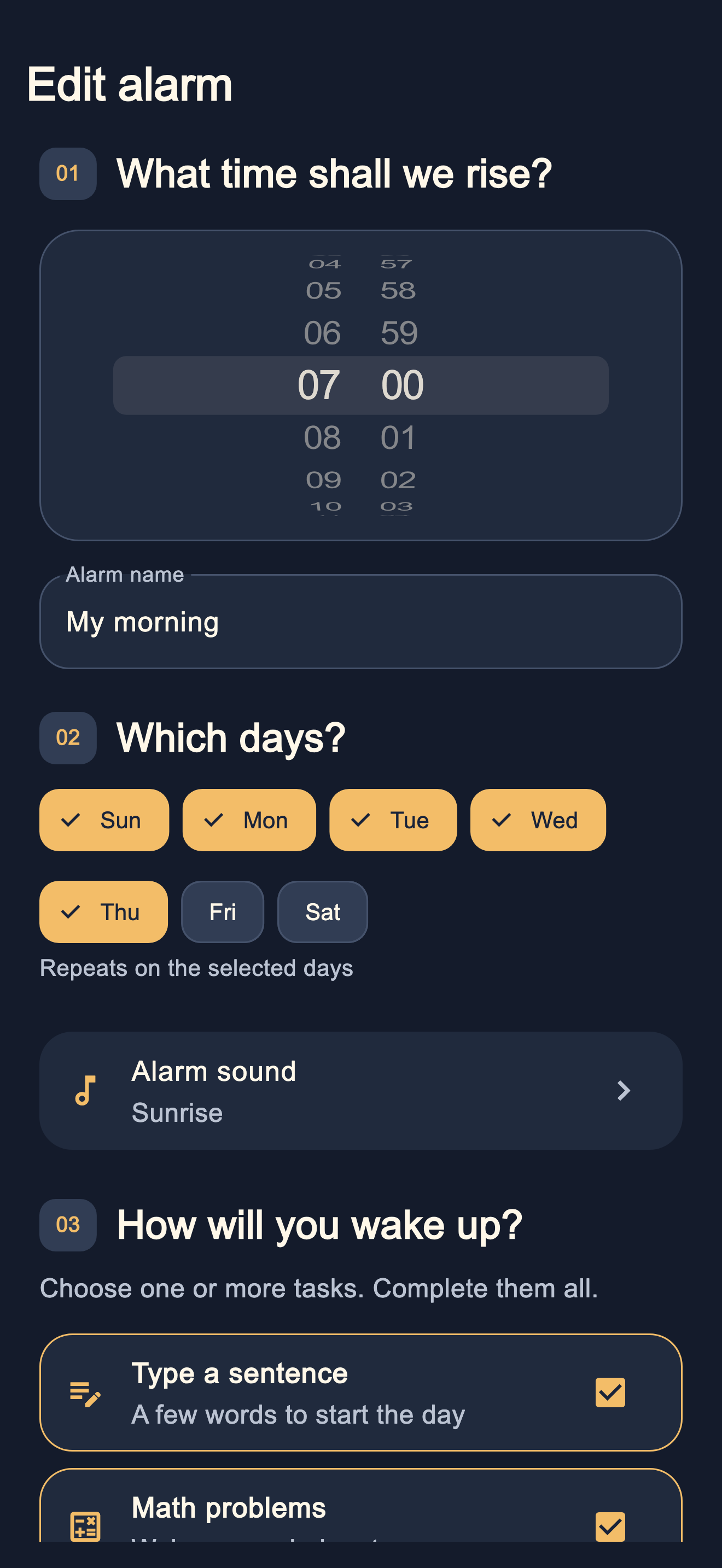 Alarm editor: time, weekdays and sound selection.