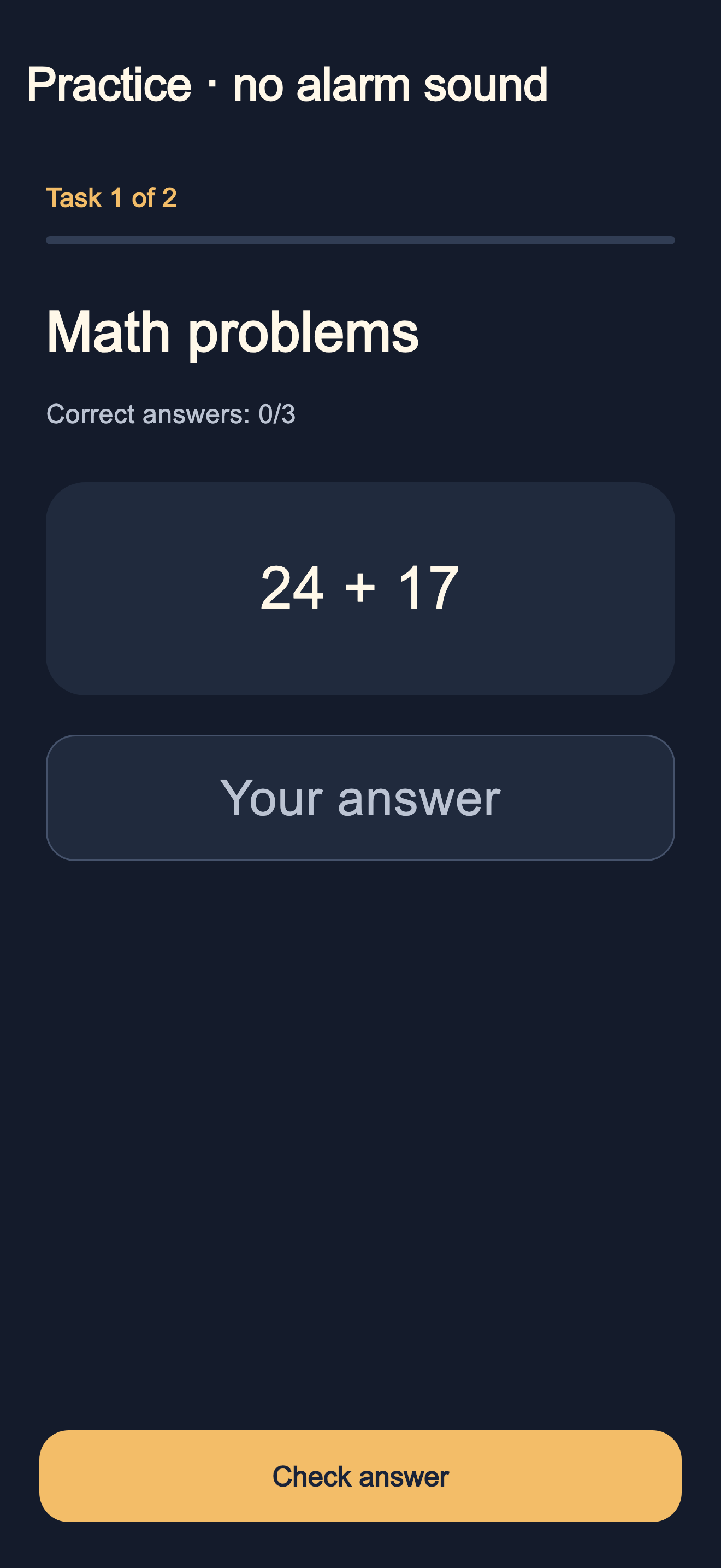 Math practice: an addition problem, answer field and check button.